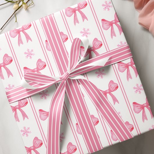Papier Cadeau Pink Christmas Snowflake & Bow Coquette Cadeau