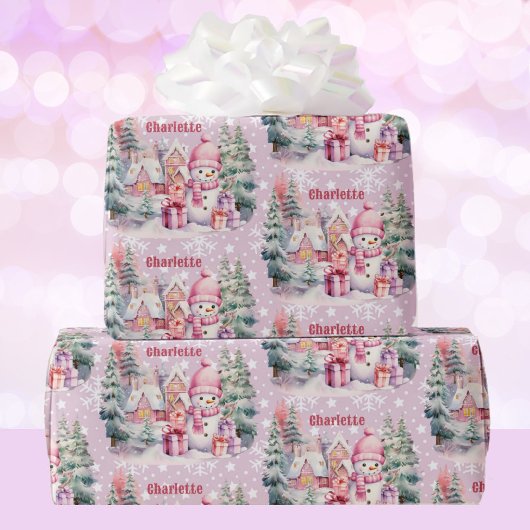 Papier Cadeau Pink Christmas Snowman ajouter Nom de la fille