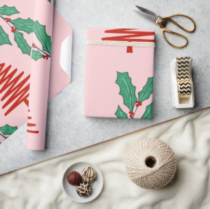 Papier Cadeau Pink Christmas trees and holly's 