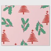 Papier Cadeau Pink Christmas trees and holly's  (Plat)