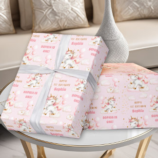 Papier Cadeau Pink Cute Unicorn Girl 1er Anniversaire Nom