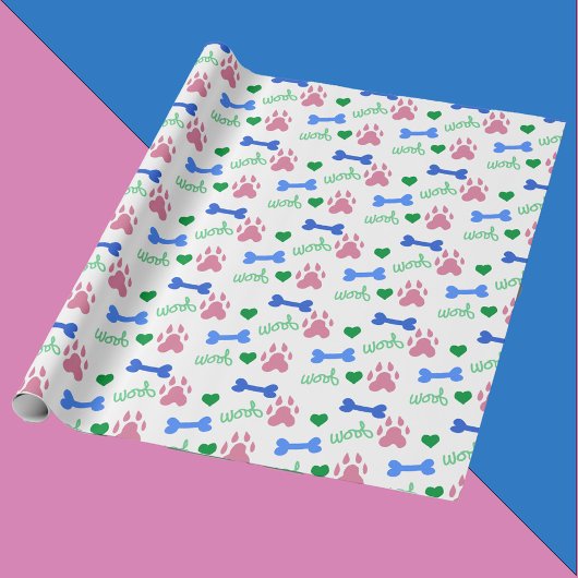 Papier Cadeau Pink Dog Paws Blue Bones Green Hearts Woof Pattern