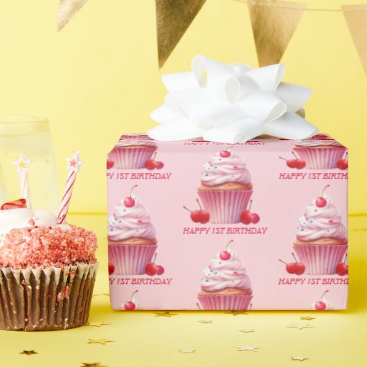 Papier Cadeau Pink First Cherry & Cupcake Anniversaire (Fête d'anniversaire)