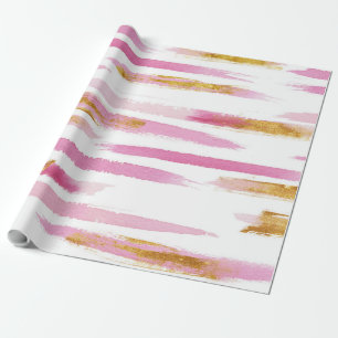 Papier Cadeau Pink Gold & White Aquarelle Paint Stripes Motif