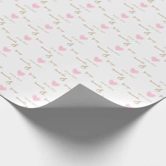 Papier Cadeau Pink Heart Gold Mariée & Groom Noms, Mariage blanc (Coin)