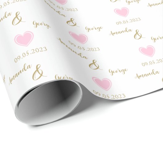 Papier Cadeau Pink Heart Gold Mariée & Groom Noms, Mariage blanc (Coin rond)