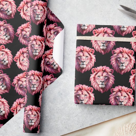 Papier Cadeau Pink Lion Head Animal Pattern Design - Black