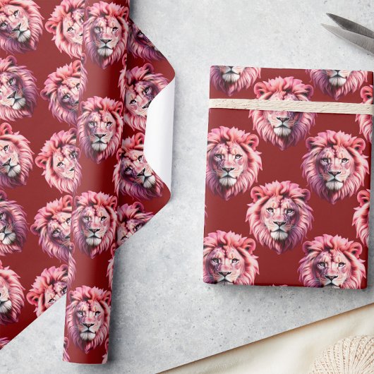 Papier Cadeau Pink Lion Head Animal Pattern Design Red