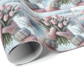 Papier Cadeau Pink Mittens tenant un bouquet de tulipe (Coin rond)
