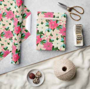 Papier Cadeau Pink Poinsettia Noël Turquoise