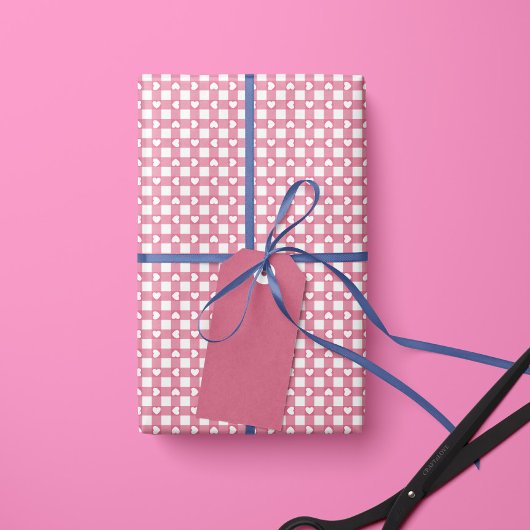 Papier Cadeau Pink Preppy Gingham Hearts- Wrapping Paper Roll