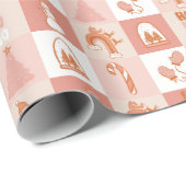 Papier Cadeau Pink Retro À damiers Sucre de canne Snowman Tree (Coin rond)