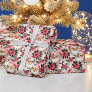 Papier Cadeau Pink Retro Santa Claus Noël Floral Plaid