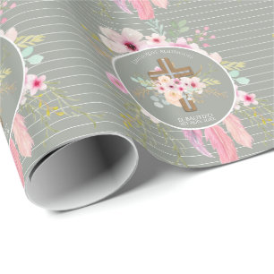 Papier Cadeau Pink Sage Floral Croix BAUTIZO Baptême Bautismo