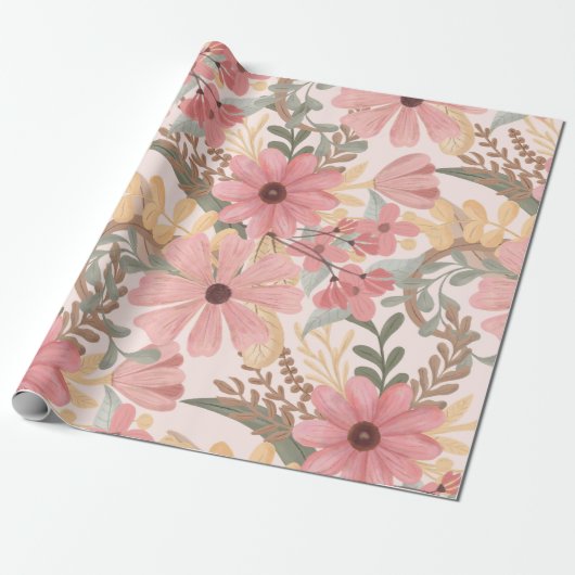 Papier Cadeau Pink Sage Vert Floral Feuille Motif d'aquarelle (Déroulé)