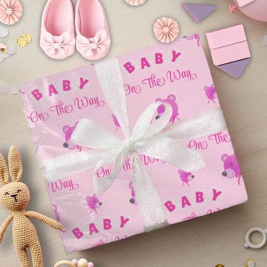 Papier Cadeau Pink Teddy Bear With Text Baby Shower