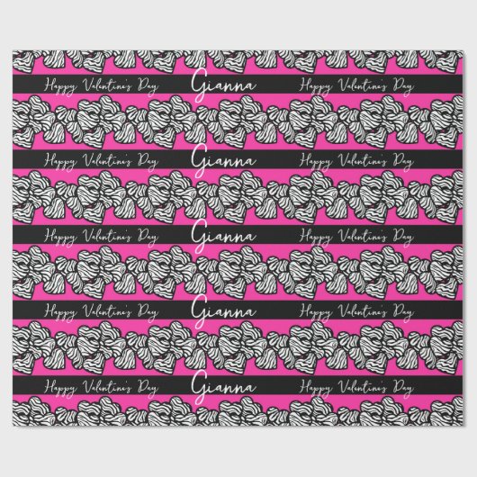 Papier Cadeau Pink Valentine's Day Zebra Heart Motif ajouter Nom (Plat)