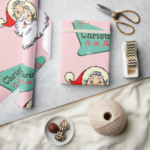 Papier Cadeau Pink Vintage Retro Santa