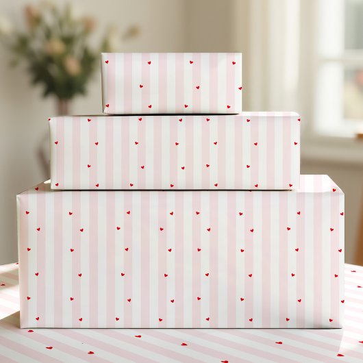 Papier Cadeau Pink White Stripes + Hearts Wrapping Paper