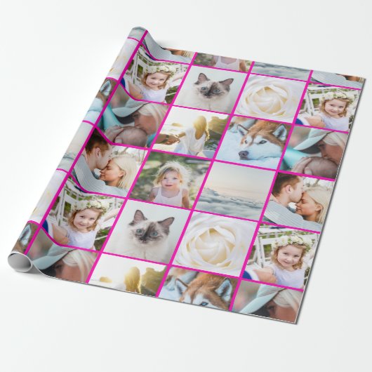 Papier Cadeau Pink Your Photo Custom Grid Collage (Déroulé)