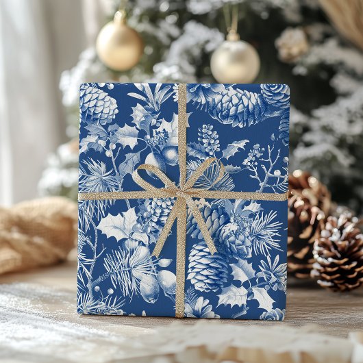 Papier Cadeau Pins Bleus cônes et branches Toile de Noël