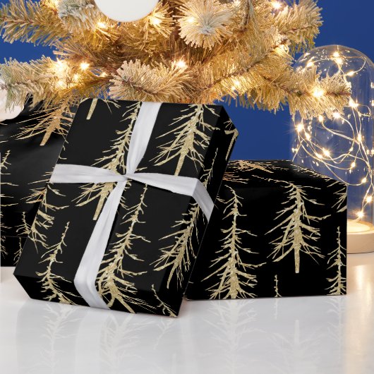 Papier Cadeau Pins D'Or Sparse Sur Noir Élégant (Vacances)