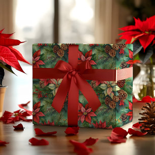 Papier Cadeau Pins Et Pinecones De Poinsettias Noël