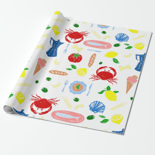 Papier Cadeau pique-nique méditerranéen fruits de mer crabe