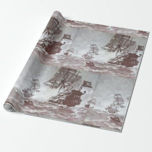 Papier Cadeau PIRATE BATAILLE NAVIRE noir blanc gris teintes