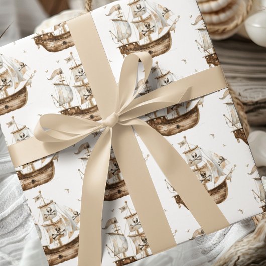 Papier Cadeau Pirate Ship Brown thème nautique Anniversaire
