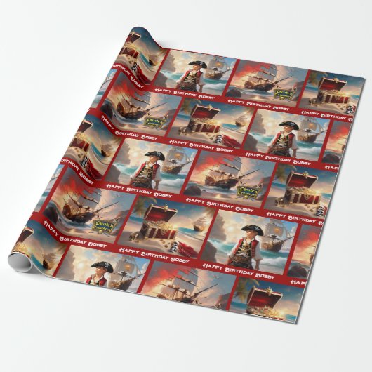 Papier Cadeau Pirate Treasure Boy's Birthday Personalize Name (Déroulé)