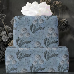 Papier Cadeau Pissenlit crâne gothique botanique bleu