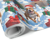 Papier Cadeau Pitbull Dog courir dans la neige avec le Casquette (Coin rond)