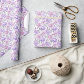 Papier Cadeau Pivoine Rose et Lilas Floral Romantique