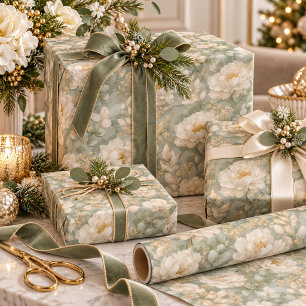 Papier Cadeau Pivoines blanches Fleur de sauge vert élégant doré