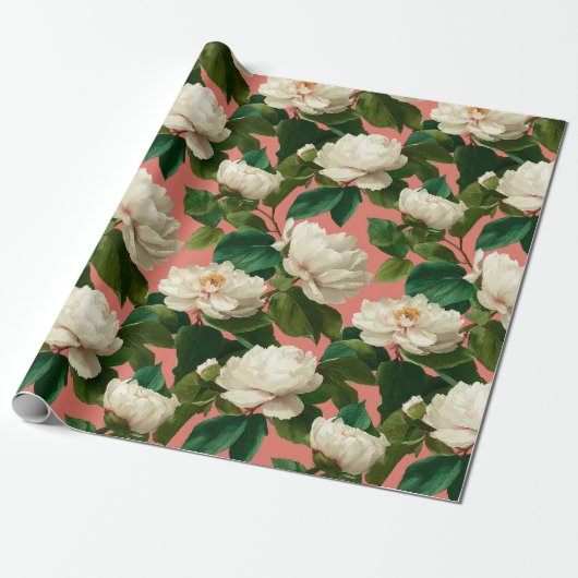 Papier Cadeau Pivoines blanches sur fond à motif pechy (Déroulé)
