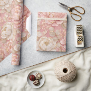 Papier Cadeau Pivoines Fleur de Pêche Rose Élégant Or 