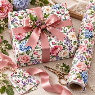 Papier Cadeau Pivoines roses et ivoire, fleurs d'hydrangeas bleu
