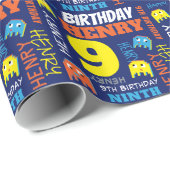 Papier Cadeau Pixel alien de jeu 9e anniversaire brillant person (Coin rond)