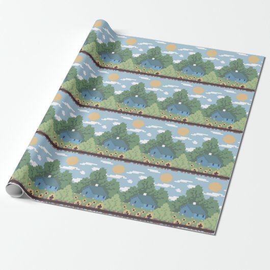 Papier Cadeau Pixel Countryside House Landscape Pattern (Déroulé)