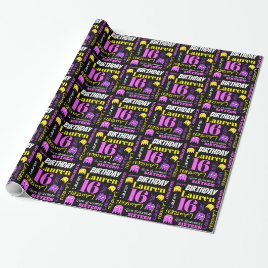 Papier Cadeau Pixel jeu alien 16e anniversaire sur mesure filles (Déroulé)