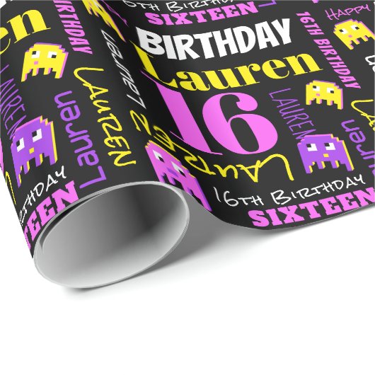Papier Cadeau Pixel jeu alien 16e anniversaire sur mesure filles (Coin rond)