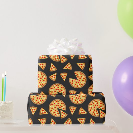 Papier Cadeau Pizza et tranches de cool motif sur gris foncé (Cadeaux de fête)