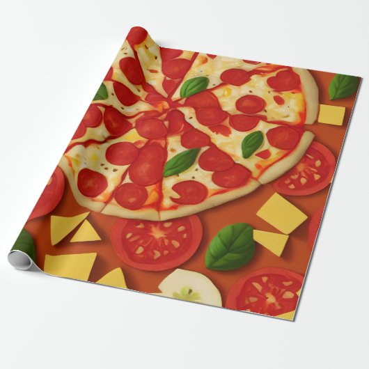 Papier Cadeau Pizza tomate basilic motif lumineux (Déroulé)