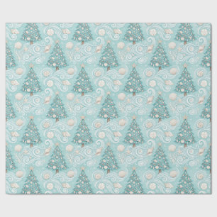 Papier Cadeau Plage Côtière Océan Arbres de Noël Fêtes Bleu
