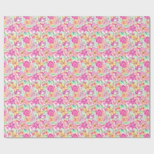 Papier Cadeau Plage de Palm Preppy Imprimer Fleurs Lys Rose et J (Plat)