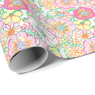 Papier Cadeau Plage de Palm Preppy Imprimer Fleurs rose et jaune