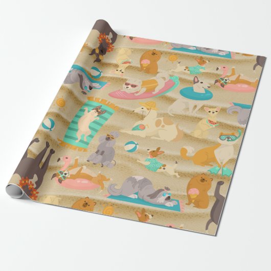 Papier Cadeau plage de sable tropical d'été chiens mignons (Déroulé)