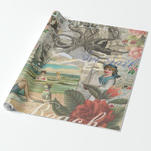 Papier Cadeau plage d'été poulpe vintage antique voile