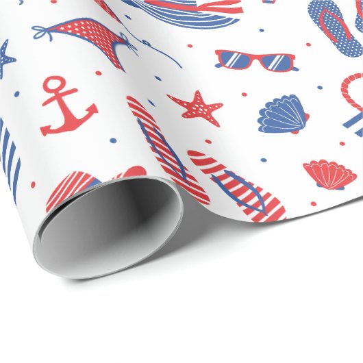 Papier Cadeau Plage objets en bleu rouge blanc (Coin rond)